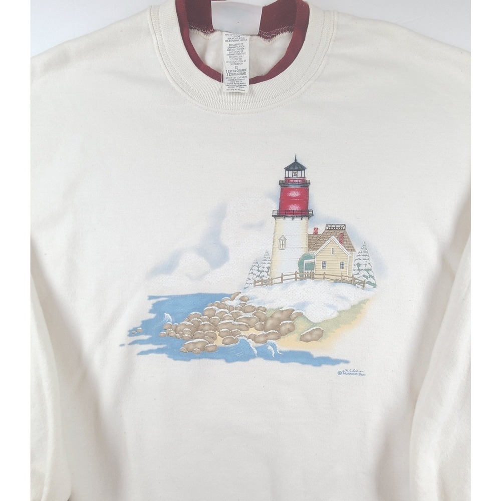 Vintage Morning Sun Lighthouse Graphic Sweatshirt Womens 3X Cream Burgundy Trim